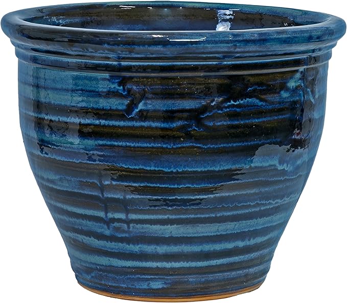 Sunnydaze Large Ceramic Plant Pot - Round Outdoor Glazed Ceramic Planter Pot with Drainage - Studio - Galaxy Blue - 18.5"
