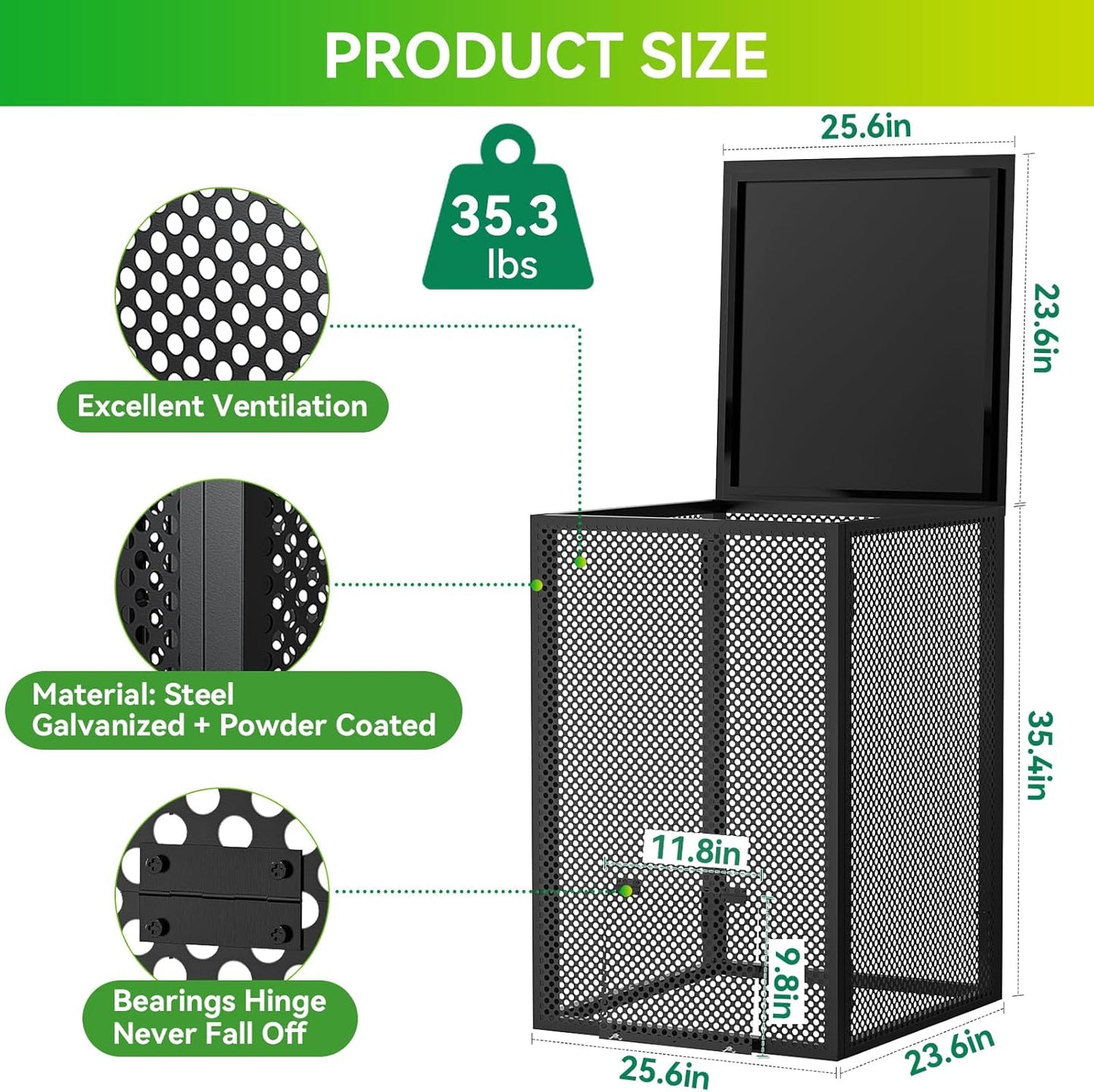 Compost Bin Outdoor - Large 93 Gallon Metal Perforated Sheet Compost Bucket with Rust-Proof Coating, Heavy-Duty & Easy Assembly, Fast Creation of Fertile Soil, for Garden, Kitchen & Yard Waste, Black