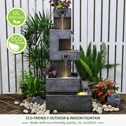 Garden Fountains Outdoor Water Fountain - 47.2 Inches 4 Tired Modern Indoor Floor Standing Outdoor Fountain with Lights Pump for Garden Patio Backyard Porch Home Art Decor
