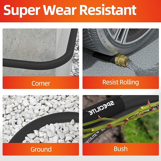 SPECILITE Garden Water Hose 25 ft x 5/8 in Heavy Duty, Flexible and Lightweight, Burst 600 psi, Kink-less Hybrid Rubber Pipe for Backyard, 3/4'' Brass Fittings, Black