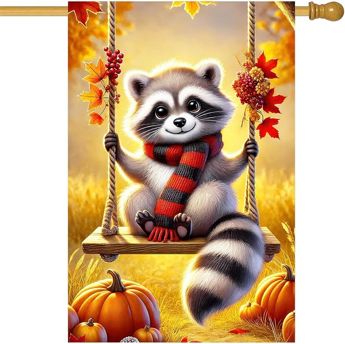 Thanksgiving Fall Garden Flag 12x18 Inch Welcome Raccoon Outdoor Flag Double Sided Autumn Yard Banner with Swing Pumpkins and Leaves for Porch Lawn Patio Seasonal Decor