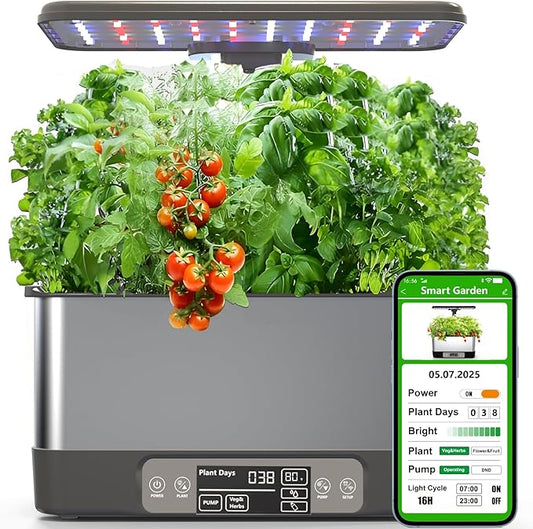 Hydroponics Growing System Indoor Garden, Smart Indoor Herb Garden with Grow Light, in Door Gardening System 6 Pods, APP & WiFi Control, Auto Timer, Quiet Pump, Stainless, Gift for Women Mom, Gray