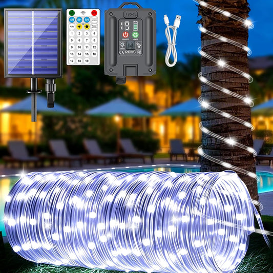 New Upgraded Solar Rope Lights Outdoor 500 LED 170FT 19 Modes Solar & USB Rechargeable String Lights with Remote Timer Dimmable Waterproof for Garden Camping Pathway RV Christmas Decor (500LED-White)