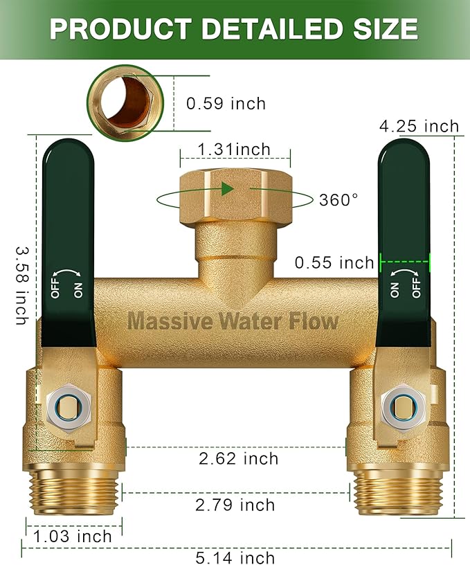 Hose Splitter 2 Way Heavy Duty, Full Flow Garden Hose Splitter with 2 Long Metal Handles, Brass Rust and Freeze Resistant Water Hose Bib Splitter, T Adapter Connector with 3/4 - Inch GHT Thread（Green）