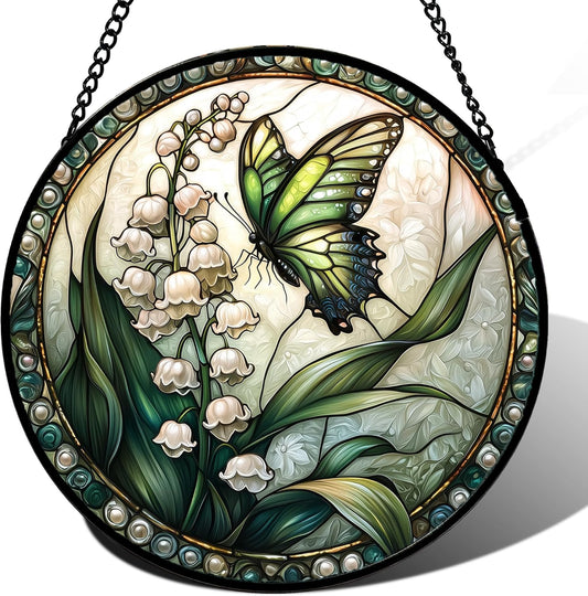 Stained Glass Window Hanging, Lily of The Valley Flower Butterfly Suncatcher for Doors Home Sun Catchers Decoration and Christmas, Mother's Day Birthday Gifts for Women, Men, Mom 14.9x14.9 in