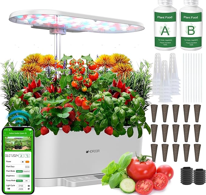 Hydroponics Growing System Kit APP Controlled, Indoor Herb Garden Hydroponic 15 Pods 36W Grow Light, Smart Indoor Garden, Height Adjustable to 30", Water Shortage Alarm, Quiet Pump, Auto Timer, White