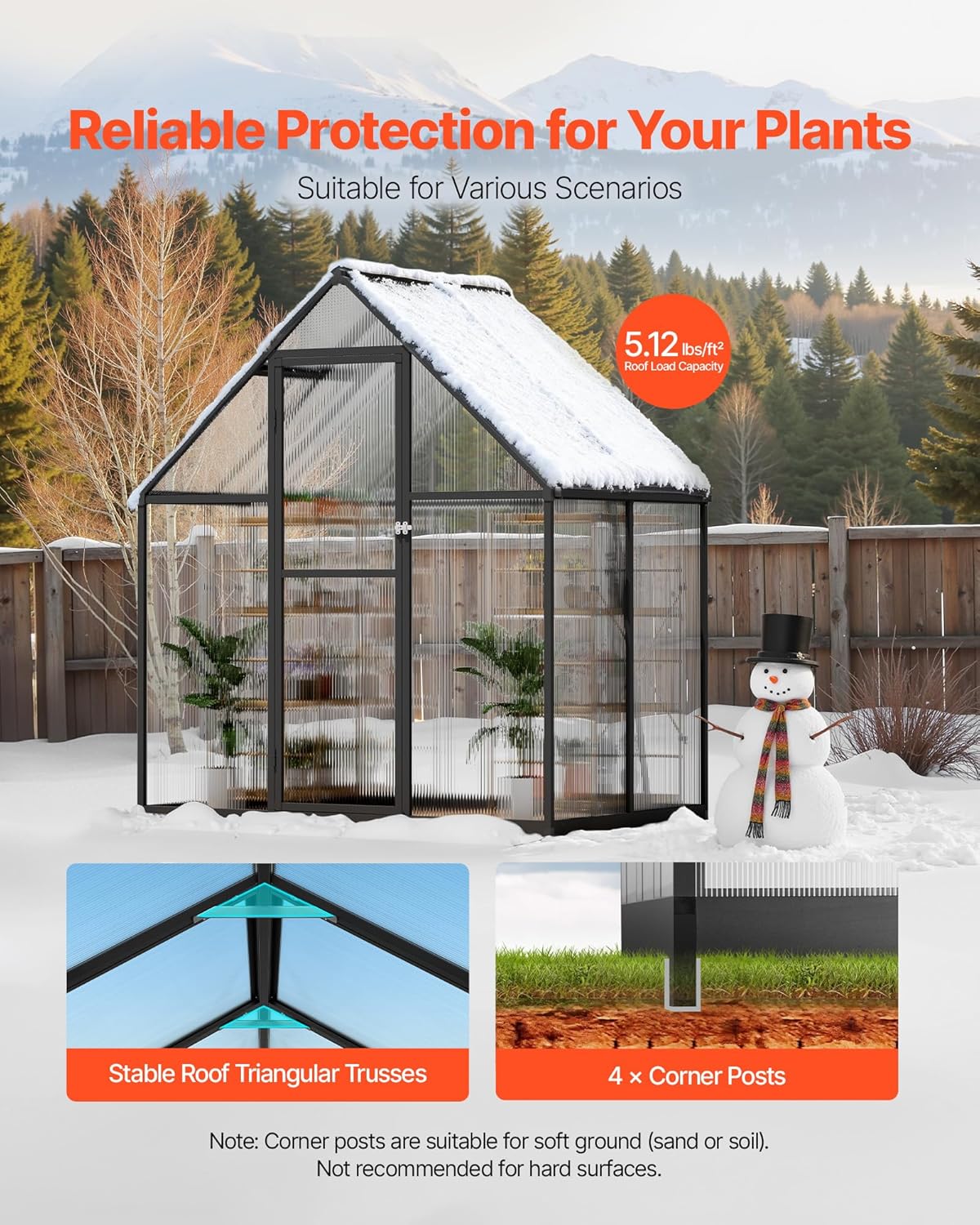 VEVOR 6 x 4 FT Polycarbonate Greenhouse, Heavy Duty Outdoor Green House with Adjustable Vent & Push-Pull Lockable Door, Quick Setup, Aluminum Frame Walk-in Greenhouse Sunroom for Outside Garden Lawn