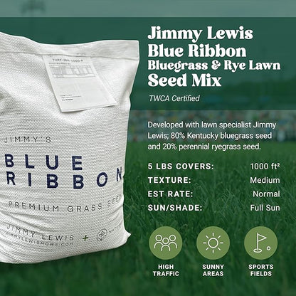 Nature’s Seed Jimmy's Blue Ribbon Mix, Kentucky Bluegrass and Perennial Ryegrass Grass Seed Blend, High-Traffic, for Garden, Lawn, Yard, 5 lbs