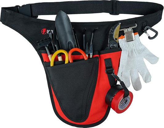 KUNN Garden Tool Belt,Durable Adjustable Tool Belt Waist Pouch with 4 Pocket for Women Men Gardeners Florist Red