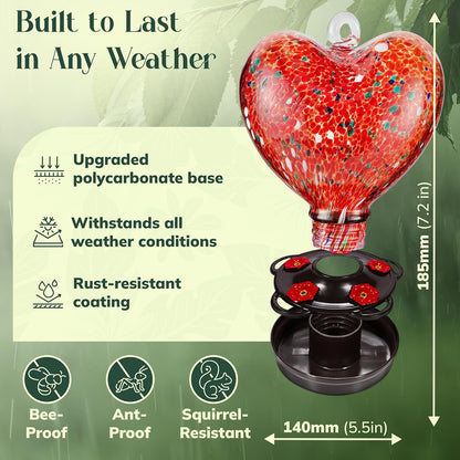 Hand Blown Glass Hummingbird Feeder for Outdoors All Season Use - 28 Fl. Oz. Leak Proof Hummingbird Feeder with Rust Proof Base - Includes Ant Moat, Ant & Bee Proof (Red)