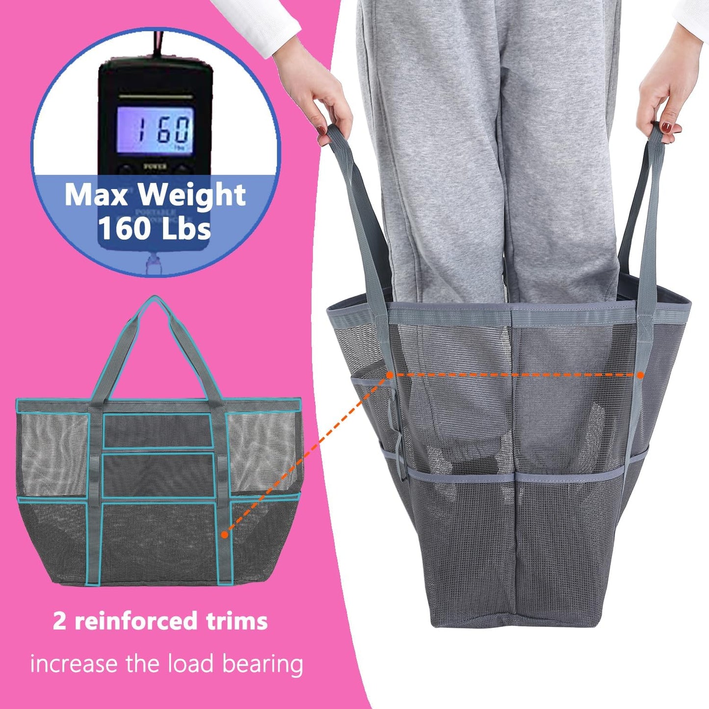 Mesh Beach Bag, Large Beach Tote with Zipper Pocket for Family Pool Bag for Toys & Vacation Essentials