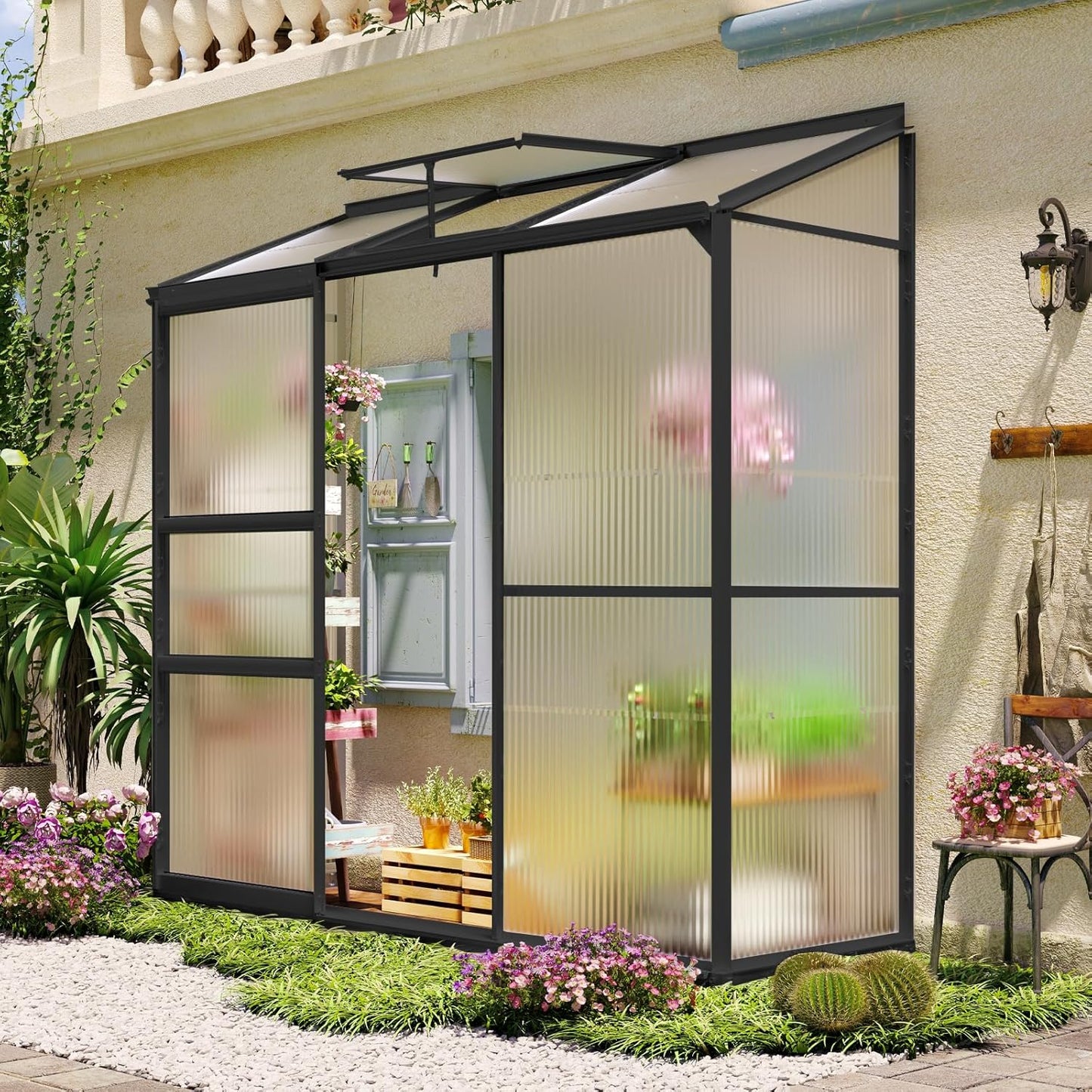 6x2ft Lean-to Polycarbonate Greenhouse, Small Walk-in Green House, with Adjustable Roof Vent, Rain Gutter and Sliding Door, Outdoor Greenhouse for Terrace, Backyard Black