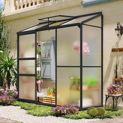 6x2ft Lean-to Polycarbonate Greenhouse, Small Walk-in Green House, with Adjustable Roof Vent, Rain Gutter and Sliding Door, Outdoor Greenhouse for Terrace, Backyard Black