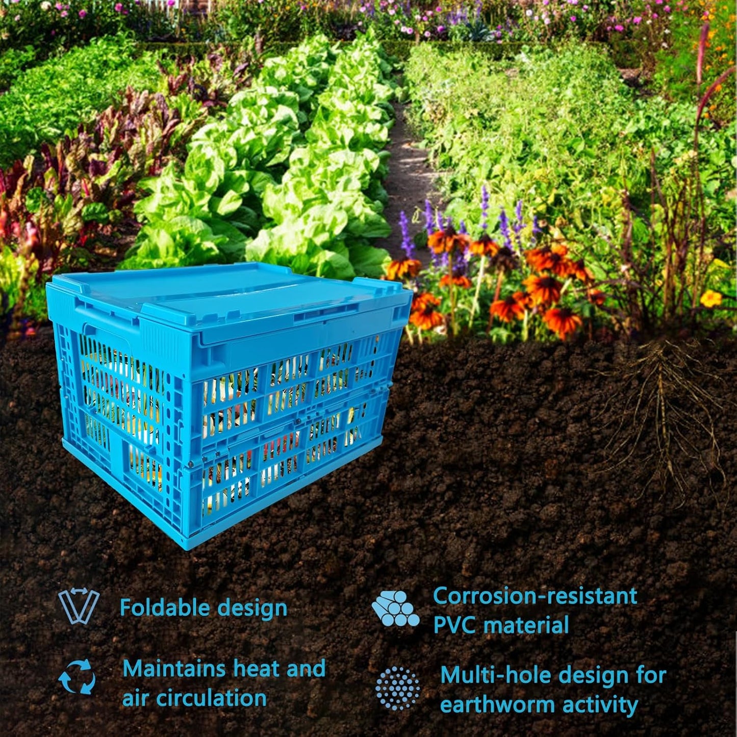 Inground Worm Compost Bin, 6 Gallon Outdoor Farm Foldable Compost Bin with Holes&Lids, Garden Composter for Raised Garden Beds Home Composting System