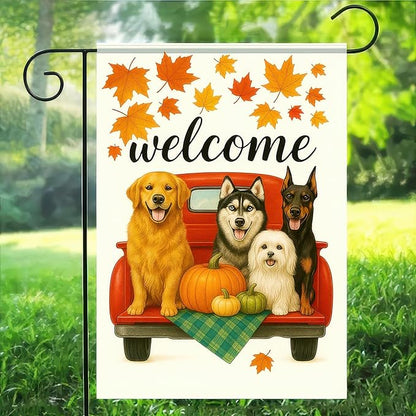 Welcome Fall Garden Flag 12x18 Inch Double Sided Red Truck with Dogs Yard Flags Autumn Pumpkin Leaf Outdoor Decoration Small Flag for Porch Lawn Pet Lovers