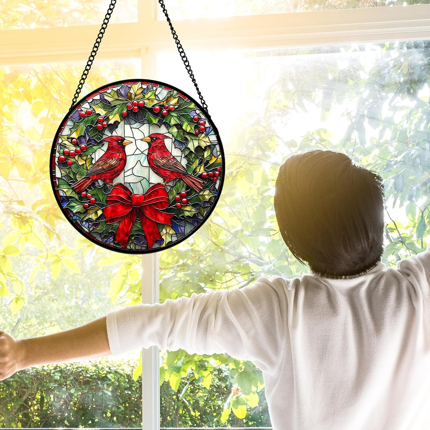 Stained Glass Window Hanging - Cardinals Green Wreath Suncatcher for Doors Home Christmas Decoration Red Bird Sun Catcher Thanksgiving New Year Birthday Gift for Women Men Mom Nana 9.8 in