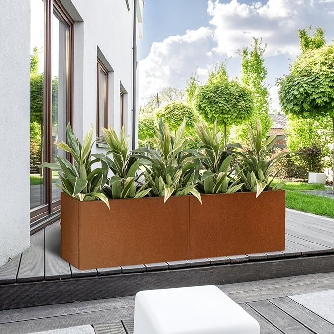 Corten Steel Corner Metal Planter Box L36 x W12 x D16 Rusted Garden Steel Planter Pot for Patio Modern Farmhouse Rustic Design (L36 x W12 x D16, Rusted)