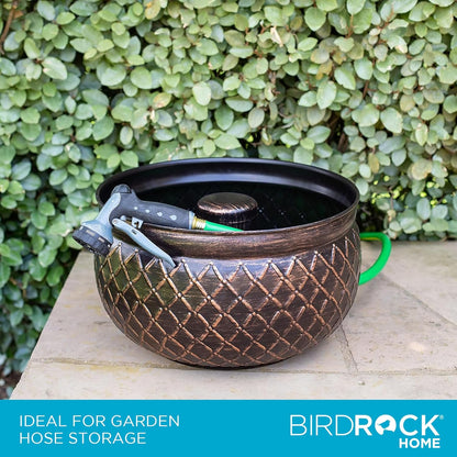 BIRDROCK HOME Water Hose Holder - Decorative Metal Pot, Indoor or Outdoor, Garden Storage Organizer, Patio Portable Bucket - Embossed Steel w/Copper Accents, Holds up to 100ft Hoses, Medium No Lid