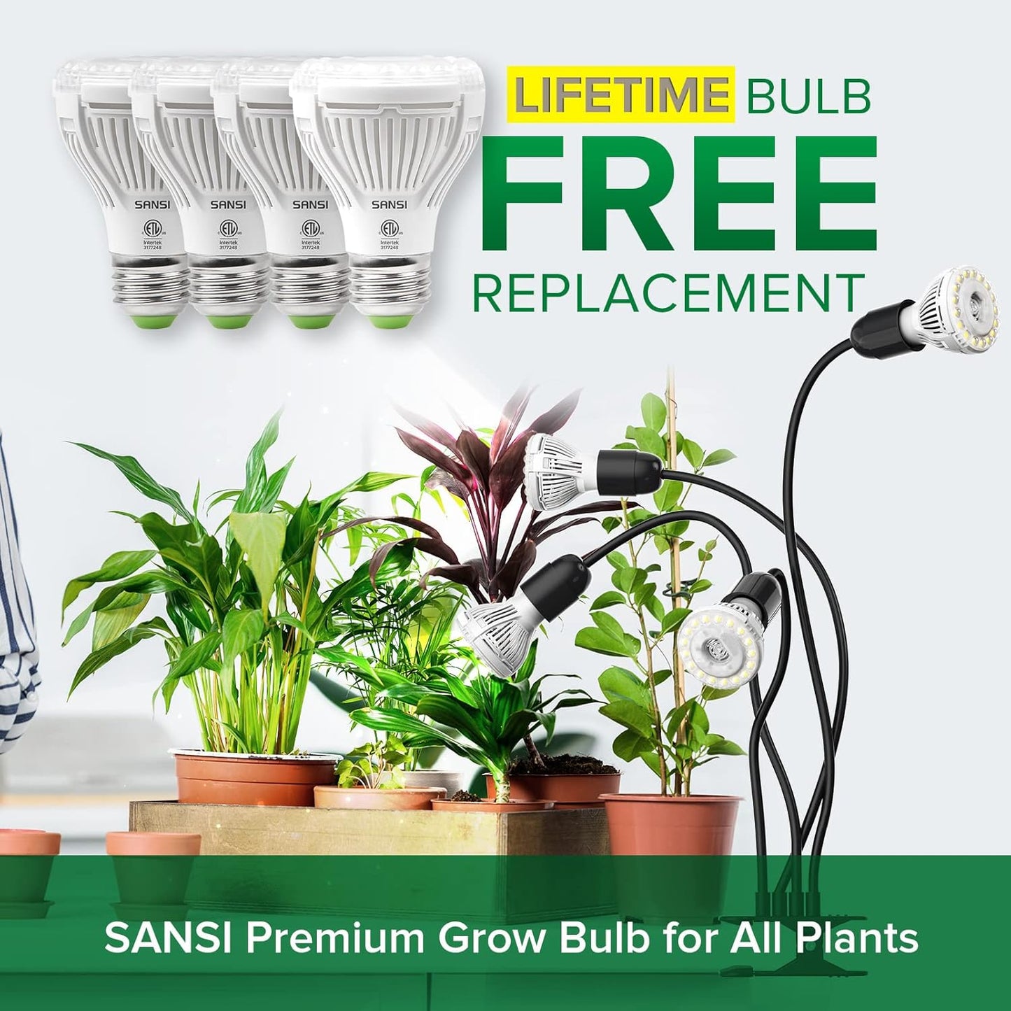 SANSI LED Grow Lights for Indoor Plants, 600W Full Spectrum Gooseneck Clamp Grow Lamp, 40W Power Plant Light with High PPFD for Seeding, Lifetime Free Bulb Replacement