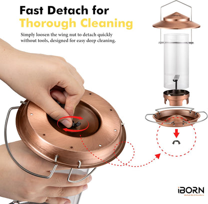 iBorn Bird Feeder Metal Squirrel Chew-Proof Bird Feeders for Outdoors Hanging Outside for Cardinal, Holds 1.5LB Seed with 3 Perchs, Brushed Copper (Seed is not Included)