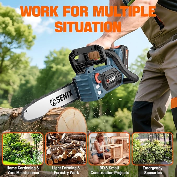 SENIX Chainsaw Cordless, 20V 10" Battery Chainsaw, Brushless Chain Saw, Includes 2.5Ah Battery & Charger, Garden Tool for Tree, Pruning, Branch Cutting, Yard, Fathers Day Gift, CSX2-M1