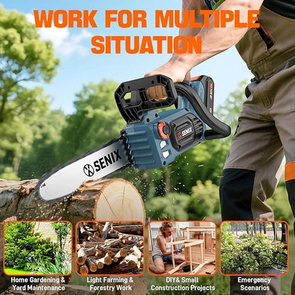 SENIX Chainsaw Cordless, 20V 10" Battery Chainsaw, Brushless Chain Saw, Includes 2.5Ah Battery & Charger, Garden Tool for Tree, Pruning, Branch Cutting, Yard, Fathers Day Gift, CSX2-M1