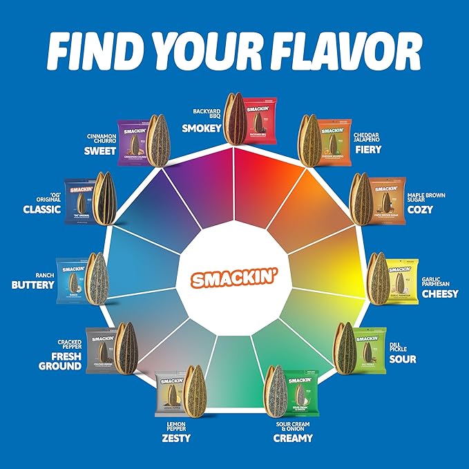 SMACKIN' Sunflower Seeds, Roasted Jumbo Small-Batch, American Made - 6 Flavor Variety. 1.5oz bags (6 Bags)