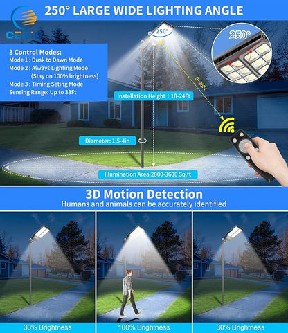 CEDIO Outdoor Solar Street Lights, Solar Lights IP66 Waterproof LED Street Light Dusk to Dawn, Flood Light with Motion Sensor for Yard (9800W-1PACK)