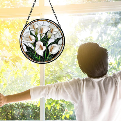 Stained Glass Window Hanging, White Calla Lily Flowers Sun Catchers Glass Panel Plant Suncatcher Decor for Birthday for Women, Men, Wife, Aunt, and Mom 7.8 in
