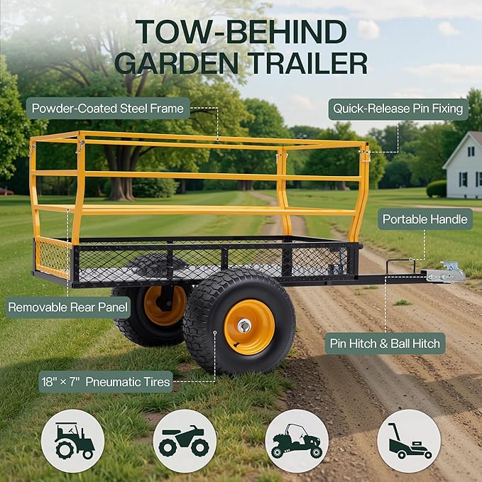 Jocisland Heavy Duty Garden Utility Trailer, 1800 Lbs 25 Cu.Ft Tow Behind Dump Cart with Ball Hitch and T-Shaped Steel Bed, Lawn Mower Tractor Cart for Yard, Farm