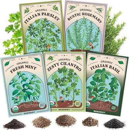 Seedboy Organic 5 Herb Variety Pack: Basil, Mint, Rosemary, Parsley, Cilantro for Planting Indoor and Outdoor, Non-GMO and USDA Certified Seed Packets (5 Herb Variety Pack)