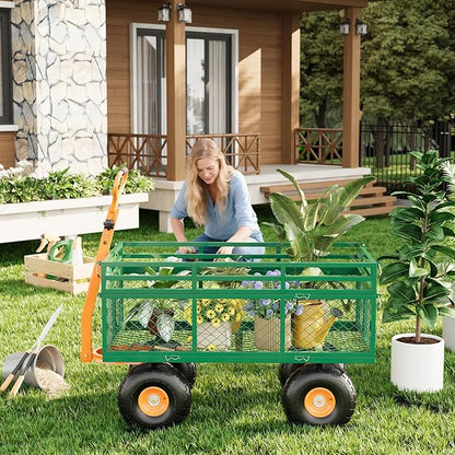 Versatile Garden Cart for Lawn and Yard with Heavy Duty Steel, 1400 Lbs Capacity Mesh Steel Garden Cart Folding Utility Wagon with Removable Side Panels, Long Handle, 10" Tires - Green and Orange