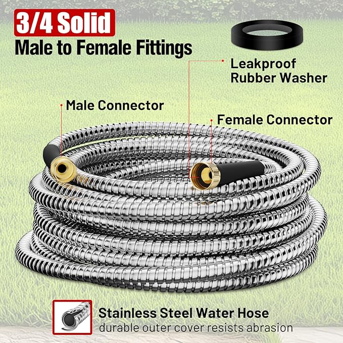 Garden Hose 50 ft, Stainless Steel Metal Water Hose 50 Feet with Nozzle, Flexible, Rust Proof, No-Kink, Heavy Duty, Leakproof 3/4 in Fittings, Lightweight Metal Hose, BT50S Model