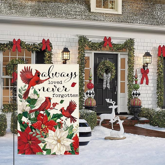 AVOIN colorlife Always Loved Never Forgotten Memorial Garden Flag 12x18 Inch Double Sided Outside, Cardinal Christmas Poinsettia Yard Outdoor Decorative Flag