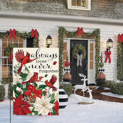 AVOIN colorlife Always Loved Never Forgotten Memorial Garden Flag 12x18 Inch Double Sided Outside, Cardinal Christmas Poinsettia Yard Outdoor Decorative Flag