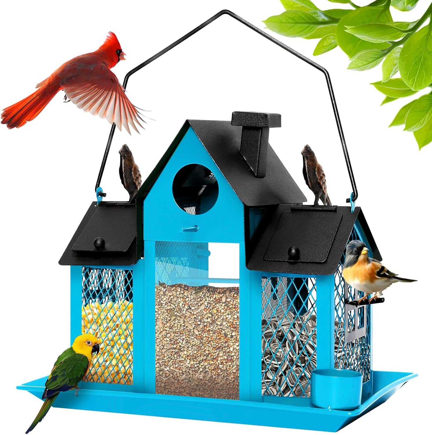 Solar Bird Feeders House for Outdoors Hanging, 7LBS Large Capacity Metal Wild Bird Feeder Squirrel Proof for Outside with Water Cup, Cardinal Birdfeeder Birdhouses Gift for Bird Lovers (Blue)