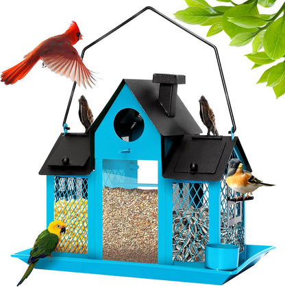 Solar Bird Feeders House for Outdoors Hanging, 7LBS Large Capacity Metal Wild Bird Feeder Squirrel Proof for Outside with Water Cup, Cardinal Birdfeeder Birdhouses Gift for Bird Lovers (Blue)