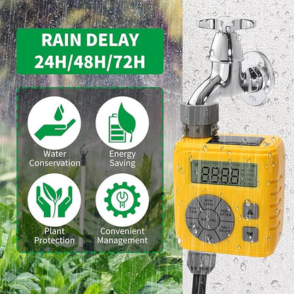Sprinkler Timer, Programmable Irrigation Water Timer for Garden Hose, Solar/Battery Dual Power & Professional Leak-Proof Design, Rain Delay/Auto/Manual Watering System, Yellow