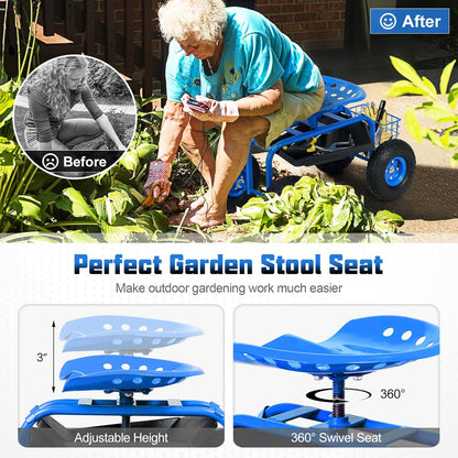 Giantex Rolling Garden Work Seat, 360 Swivel Gardening Workseat with Wheels, Tool Basket, Adjustable Height, Outdoor Scooter for Sitting, Gardening Stool Chair for Planting Trimming, Blue