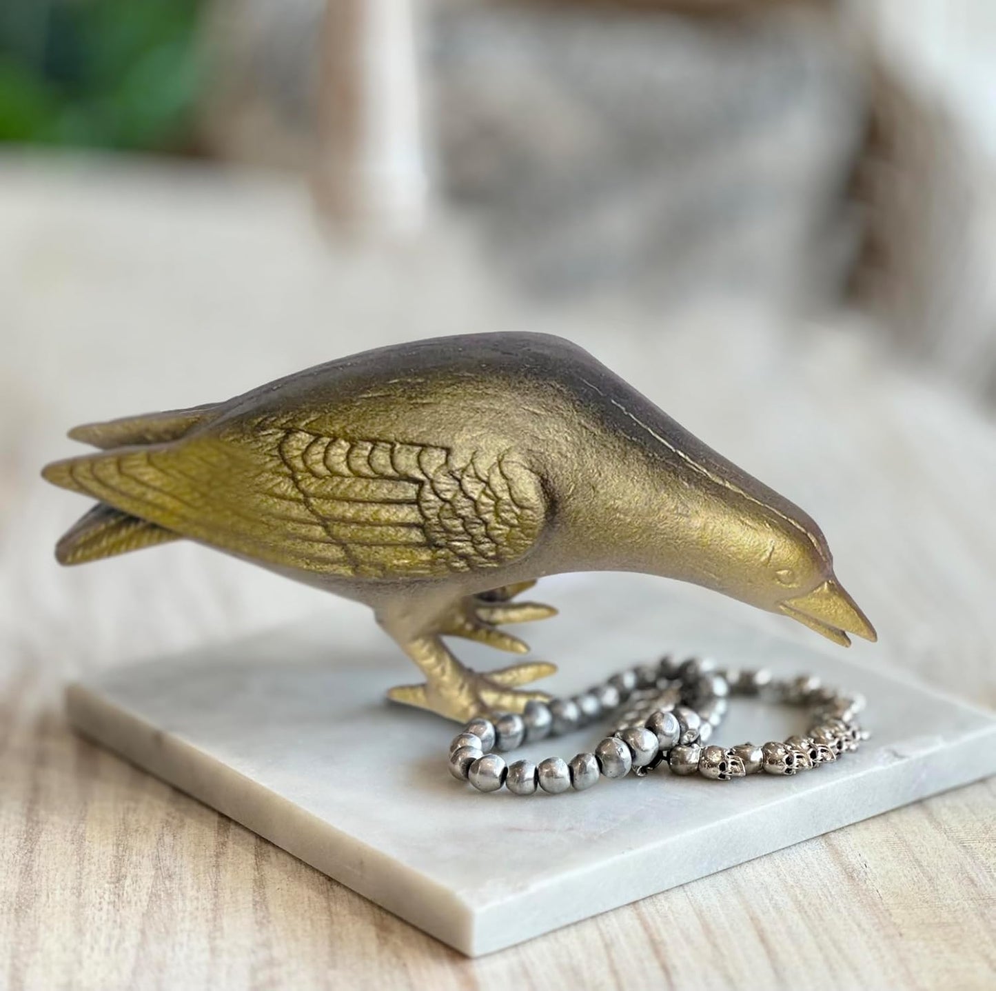 NACH Crow Decor, 10 x 3.5 x 6 inch, Cast Iron Antique Gold Raven Statue, Raven Decor for Outside - Head Down Crow Statue