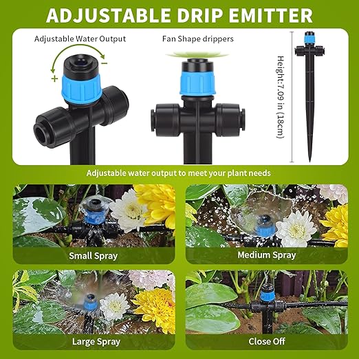 1/4 Inch Quick Connect Drip Emitters 15 Pcs Fan Shape Drip Irrigation Emitters for 1/4" Irrigation Tubing 360 Degree Adjustable Water Flow Irrigation Drip Heads for Potted Plants Flower Raised Bed