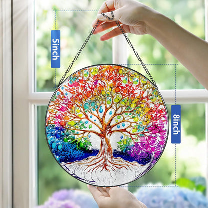 Stained Glass Window Hanging, Pauyadu Tree of Life Sun Catchers Indoor Window, Tree of Life Suncatcher Decor Gifts for Women, Mom, Grandma, Elder, Family and Friends- 8 Inch