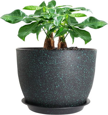 12inch Large Plant Pot, Modern Plastic Planter with High Driange Holes and Saucer for Indoor Outdoor Garden Plants and Flowers, Black with Green Speckles