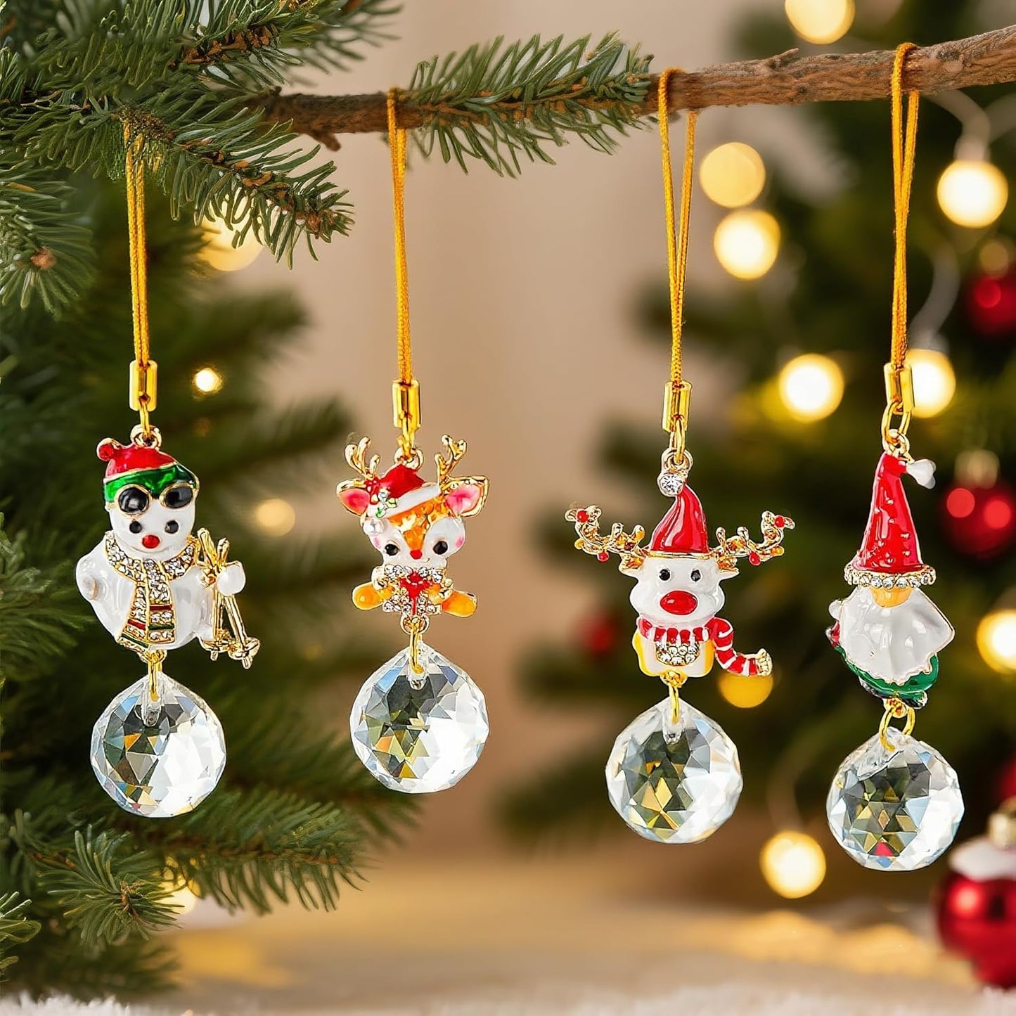 H&D HYALINE & DORA Christmas Suncatchers Set Christmas Elk Gnome Snowman Hanging Crystals Pendant for Xmas Tree Home Decor(4 Pack)