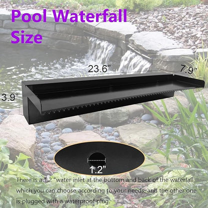 Pond Waterfall Spillway Pool Fountain Water Feature, Black Stainless Steel Outdoor Fountains, Swimming Pool Water Flow Waterfalls Kit for Garden Patio Ponds-23.6"x7.8"x3.9"(NO Light)