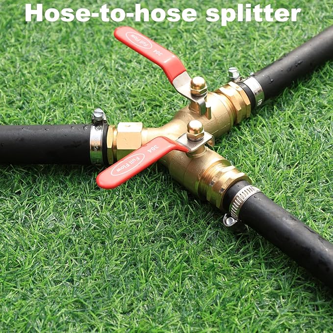 Garden Hose Splitter Full Flow Splitter No Restricted-Flow Connector Heavy Duty Brass Hose y Splitter, 2 way High Flow Hose Bib Adapter with Shut Off Valves (Long Handle)