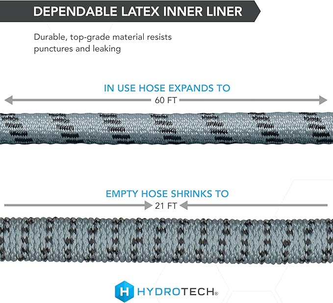 Hydrotech 60 ft Garden Hose – Patented Force Control, Burst-Proof, Lightweight, Flexible, No-Kink Design, 5/8", 4 Tire Hose Guides, Ideal for Car Wash & Automotive Care