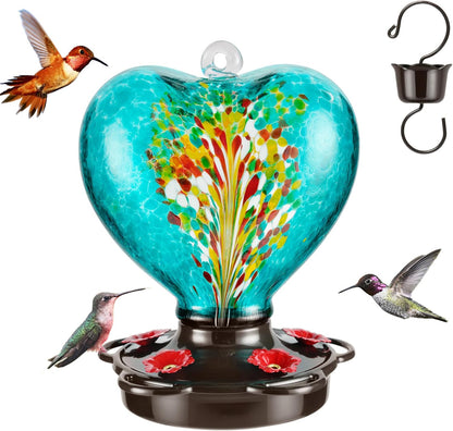 Hand Blown Glass Hummingbird Feeder for Outdoors All Season Use - 28 Fl. Oz. Leak Proof Hummingbird Feeder with Rust Proof Base - Includes Ant Moat, Ant & Bee Proof (Teal)