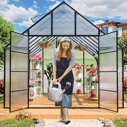 10x16 FT Greenhouse for Outdoor, Large Easy Assembly Heavy Duty Polycarbonate Panels Aluminum Frame Walk-in Green House with 3 Windows Wider Door for Garden Plants