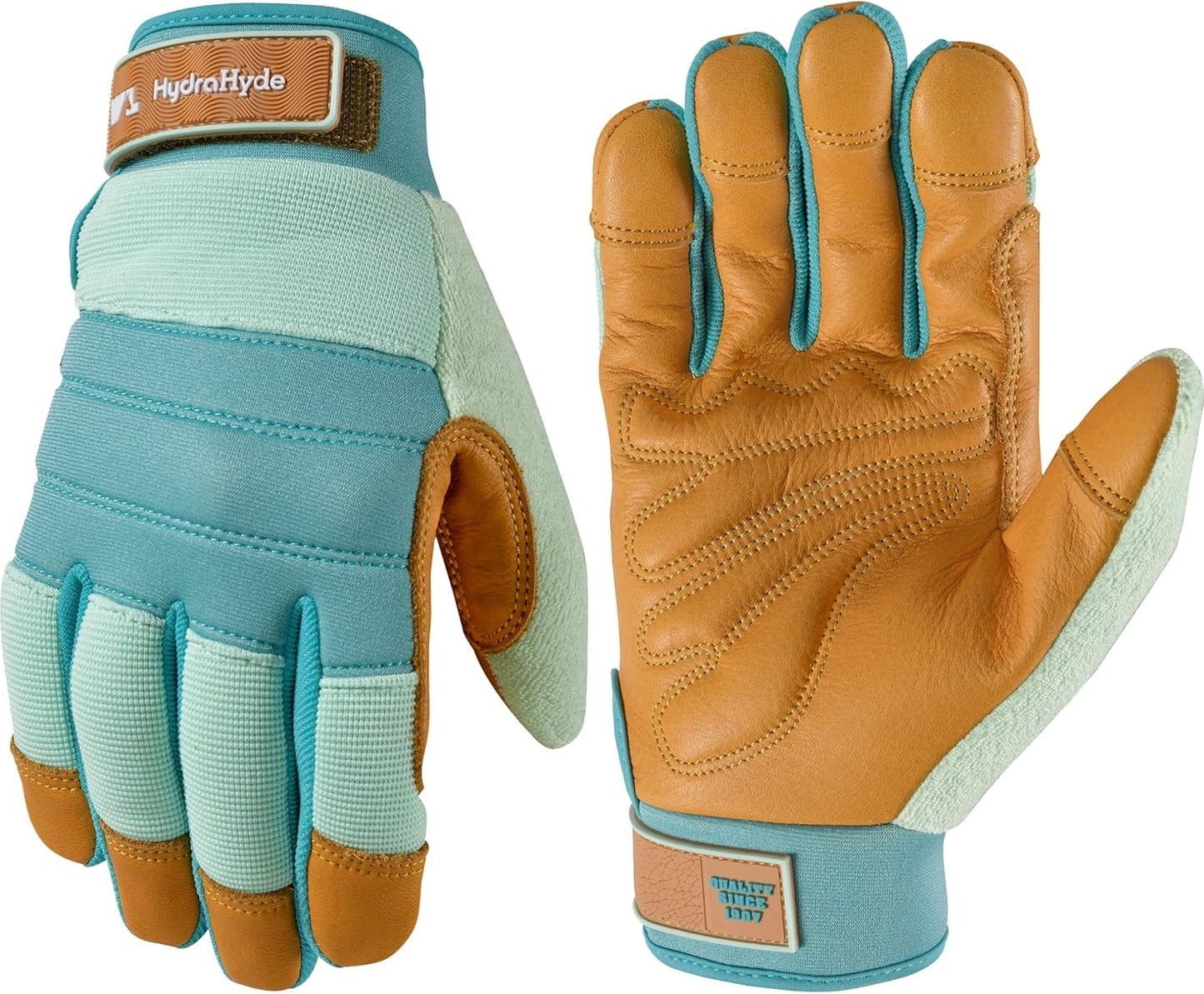 Wells Lamont Women's HydraHyde Leather Hybrid Gloves – Water-Resistant, Durable Cowhide Palm, Spandex Stretch Back – Ideal Landscaping/Farming/Gardening Gloves – Adjustable Wrist – Large, Blue (3250L)